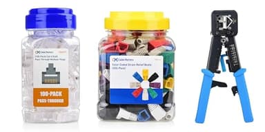 Cable Matters 100-Pack Cat 6 Pass Through RJ45 Connectors for Solid or Stranded UTP Ethernet Cable & Modular RJ45 Crimp Tool for Pass-Through Connectors & 8-Color 200-Pack Strain Relief Boots
