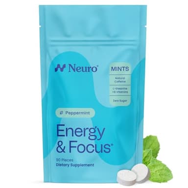 Neuro Energy & Focus Mints - Sugar Free Breath Mints with 40mg Natural Caffeine, B Vitamins & L-Theanine - Vegan Brain Supplement for Exercise, Study & Daily Focus - Peppermint, 90 ct