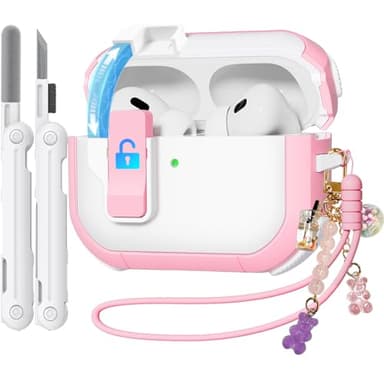 4-in-1 Case for AirPods Pro 2nd Generation Case, Ekoonpft (Secure Lock) Case Cover Compatible with Apple Airpod Pro(2023/2022/2019) Magnetic Lid Lock, with Cleaning kit/Wrist Strap/Keychain,Pink