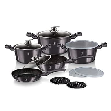 Berlinger Haus Kitchen Cookware Sets 13 Piece, Nonstick Cookware Set, Turbo Induction Based Pots and Pans Set with Plastic lids, Cooking Set with Soft-Touch Handles, Gray