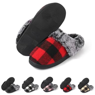 Yueerlu House Slippers for Woman Men, womens Checkered Slippers on House Shoes Cozy Memory Foam Scuff plaid Shoes with Fuzzy Faux Fur Comfortable Non-Slip Warm Fuzzy indoor outdoor(Red 44-45)