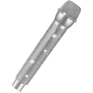 Sanwuta Bling Microphone Prop, Rhinestone Fake Microphone, Sparkly Glitter Toy Mic for Lip Sync, Disco Party Favors, Stage Performance, Christmas Halloween Cosplay Accessories(Silver)