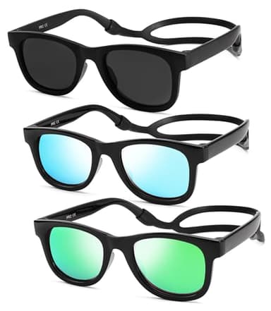 NULOOQ Bendable Flexible Polarized Baby Sunglasses – with Silicon Strap for Infant Newborn & Toddler Age 0-18 Months (Gray + Blue Mirrored + Green Mirrored) - 3 Pack