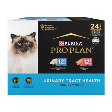 Purina Pro Plan Urinary Tract Health Pate Cat Food Variety Pack, Ocean Whitefish And With Salmon Entrees - (Pack of 24) 3 oz. Cans