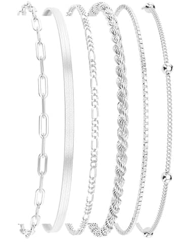 DEARMAY Dainty Silver Plated Bracelets for Women Trendy, Silver Jewelry Set Paperclip Box Herringbone Figaro Rope Chain Bracelet for Women Fashion Pack Gifts