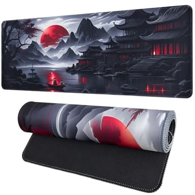 FreeNook Large Gaming Mouse Pad, Anime Black Mousepad with Stitched Edges, Expanded Cool Desk Mat, Japanese Red Moon XL Keyboard Mat Suitable for Home Office,31.5 X 11.8 Inch