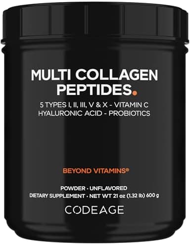 Codeage Multi Collagen Peptides + Probiotics Black Edition, Vitamin C, Hyaluronic Acid Powder Supplement, Grass-Fed, Pasture-Raised, Hydrolyzed, Zero Carbs, Type I, II, III, V & X, Unflavored, 21oz