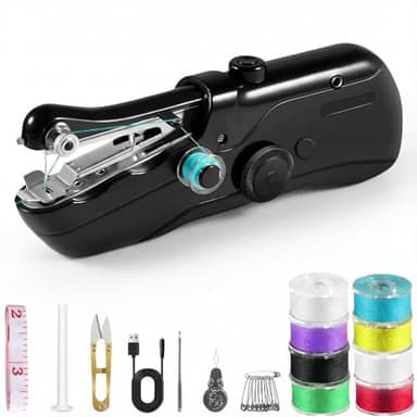 Portable Handheld Sewing Machine for Adults - Mini Hand Held Sewing Stitching Machine for Beginners - Small Electric Cordless for Quick Fabric Home Travel Clothes Pants DIY Fabric Denim (Black)