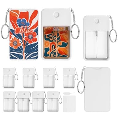 PYD Life 12 Pack Sublimation Blanks Card Perfume Spray Bottle 1FL. OZ 30 ml White with Key Ring, Portable Refillable Travel Sprayer with 16 PCS Double-Sided Sublimation Aluminum Sheets for DIY