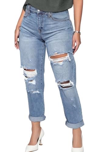 SheKiss High Waisted Jeans for Women Trendy Stretchy Boyfriend Distressed Mom Denim Blue Jeans