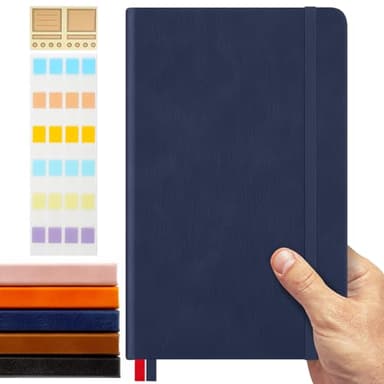 MicroSpark A5 Dotted Journal Notebook, (Navy Blue), A5 Slim Portable Edition, Size 5" x 8.25" in, 120GSM Thick Paper, 128 Pages, Dot Grid Notebook, Hardcover with Stickers