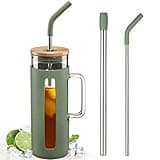 Kodrine Tumbler with Lid and Straw, 20 oz Glass Coffee Tumbler with Handle, Smoothie Cup with Bamboo Lid | Time Marker | Silicone Protective Sleeve, BPA Free - Olive