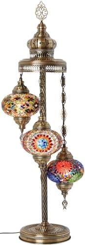 DEMMEX Turkish Moroccan Mosaic Floor & Table Lamp, 37" (95cm) Tall, Handmade Boho Tiffany-Style Light with 3 Large 7" Globes, Artisan Decor, Antique Brass Finish, North American Use (Multicolors)