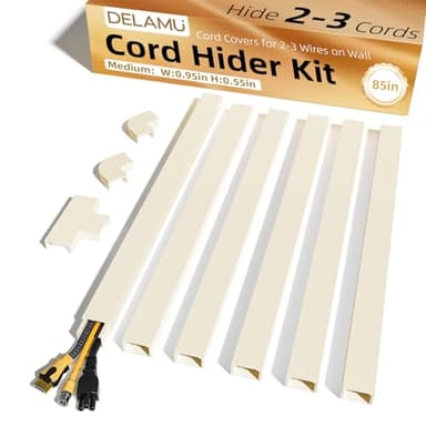 Delamu Beige Cord Hider, 85in Cord Covers for 2-3 Wires on Wall, Self-Adhesive Cable Hider, Wire Hiders Wire Covers for TV Cords on Wall, Easy Mount Cable Cover Raceway Kit, W0.95 H0.55in, Beige