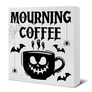 Halloween Decorations Halloween Kitchen Decor Mourning Coffee Wooden Sign Halloween Decorations Indoor for Desk Table Shelf 5 X 5 Inches