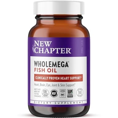 New Chapter Wholemega Fish Oil Supplement - 2000mg per Serving, Clinically Proven Wild Alaskan Salmon Oil with Omega-3 + Vitamin D3 + Astaxanthin, 180 Softgels