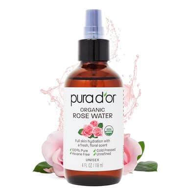 PURA D'OR 4 Oz Organic Rose Water Toner - USDA Certified 100% Pure Full Skin Hydration, Control Excess Oils- Cleanses & Softens - Promotes Healthy Skin - for All Skin Types (Packaging May Vary)