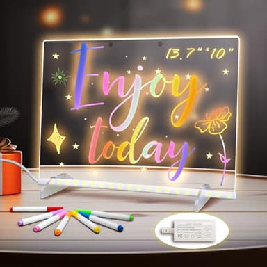 LED Note Board with Colors, 13.7"X10" 6 Modes & 8 Colors Acrylic Dry Erase Boards with Light, Include Adapter, Hanging Chain, Led Drawing Board for Kids with Stand,7 Markers, Spray Bottle
