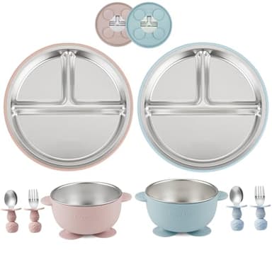 PandaEar 8PCS Baby Feeding Set | Stainless Steel Suction Plates and Bowls with Silicone Fork and Spoon Utensils | Baby Led Weaning Tableware for Toddlers & Kids (Pink & Blue)