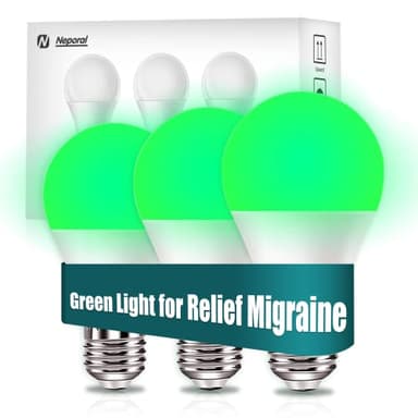 Neporal Migraine Relief LED Light Bulb, Full Spectrum Light with 520nm Narrow Band, Non-Drug Support for Headache, Anxiety, Tension Relief, 9W 60 Watt Equivalent, E26/E27, 3PK