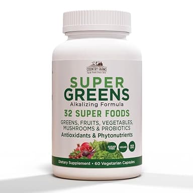Country Farms Super Greens Vegicaps, 32 Super Foods, Whole Food Supplement, Greens, Fruit, Vegetables, Mushrooms & Probiotics, Rich in Antioxidants & Phytonutrients, 60 Count, 30 Servings
