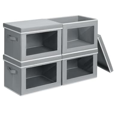 Homsorout Storage Bins with Lids - Fabric Closet Storage Bins with Window, Collapsible Baskets for Shelves 4 Pack, Home Decorative Boxes for Clothes, Closet, Office, Grey