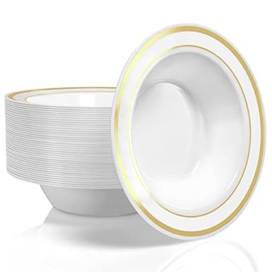 Stock Your Home Plastic Party Bowls (50 Pack) 12 Oz Elegant Disposable Dinnerware - Fancy Shatterproof Tableware for Catering, Holidays, Parties Supplies, Weddings, Catering, and Everyday Use (Gold)