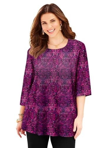Catherines Women's Plus Size Easy Fit 3/4-Sleeve Scoopneck Tunic - 2X, Pink Burst Damask
