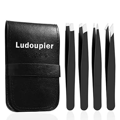 LUDOUPIER [4+1 Pieces] Tweezers Set with Travel Case, Great Precision Upgrade Professional Anti-rust Alloy Tweezers for Women & Men Multi-purpose as Eyebrows Facial Hair Ingrown Hair Removal