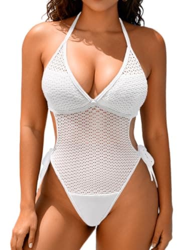 EHSUYAB Sexy Women Fishnet See Thru One Piece Swimsuit, Halter Backless High Leg Cheeky Cut Out Monokini Tan Through Swimwear White Large