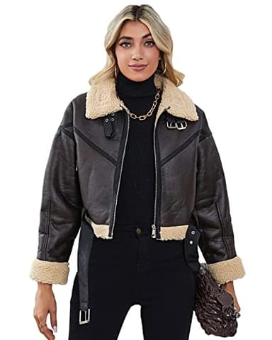 LY VAREY LIN Winter Women Faux Lamb Fur Leather Short Jacket Lapel Zipper Bomber Aviator Coat
