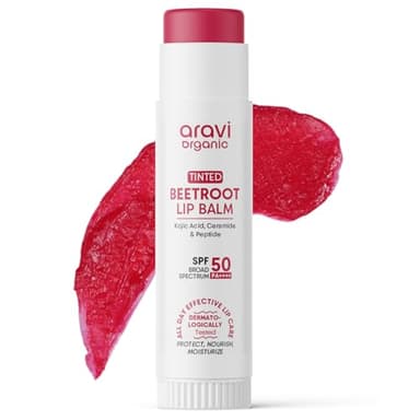Aravi Organic Beetroot Tinted Lip Balm SPF 50 | Hydrating Glossy Plumping Lip Balm | Kojic Acid, Ceramide & Peptide | Moisturizing Lip Balm with SPF for Dry, Cracked Lips | Unisex