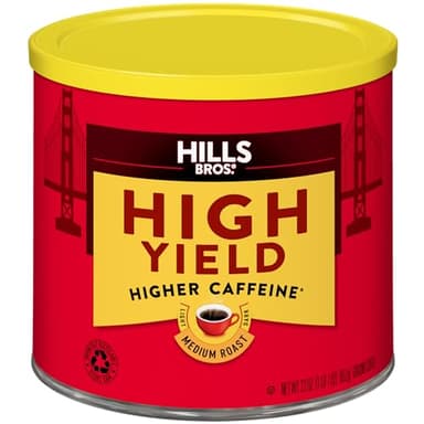 Hills Bros. High Yield Ground Coffee – Premium Arabica Coffee Beans – Medium Roast, Rich Flavor Cup After Cup – Recyclable Steel Can for Freshness – Certified Kosher – 23 OZ Can