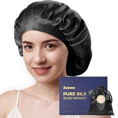 Kaome 100% Mulberry Silk Bonnet for Sleeping Women, 22 Momme Double Layer Silk Hair Wrap, Non-Slip Sleep Cap with Adjustable Elastic Band for Long Curly Hair Care, Comfortable and Breathable, Black
