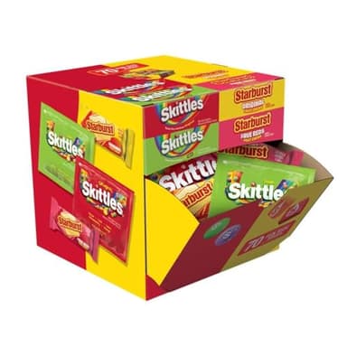 SKITTLES Original, SKITTLES Sour, STARBURST Original, and STARBURST FaveRed Fun Size Candy Individually Wrapped Fruit Chewy Candies Variety Pack Pantry Cube Easy Open and Close Dispenser for Convenient Snacking, 31.1 Oz, 70 Ct Bulk Box