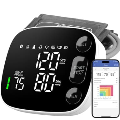 Blood Pressure Monitor Automatic Upper Arm BP Machine for Home Use with Bluetooth App Sync 2x120 Memory Accurate Reading, Large LED Backlit Display Adjustable Cuff 8.7"-16.5" with Storage Bag
