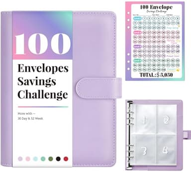 Sooez 100 Envelopes Money Saving Challenge, Savings Challenges Book with Envelopes & Challenge Tracker, Motivational Process to Save $5050, Money Saving Binder 100 Pocket Pre-Numbered, Birthday Gifts