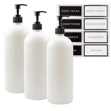 Cornucopia Brands Shower Pump Bottles (Set of 3, White); 32oz Plastic Pump Dispensers for Shampoo, Conditioner, and Body Wash