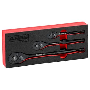 ARES 42143-3-Piece 90 Tooth Ratchet Set - Chrome Vanadium Steel, Black Oxide Finish - Quick Release for Easy Socket Change - Reversible Design - 4 Degree Swing – Automotive Ratchet Set