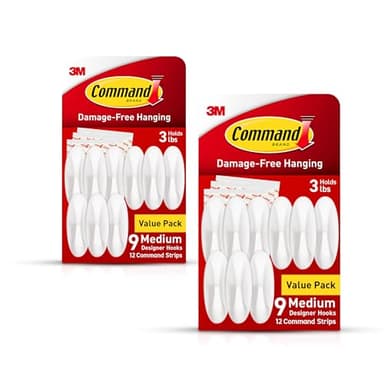 Command Medium Designer Hooks, Damage Free Hanging Wall Hooks with Adhesive Strips, No Tools Wall Hooks for Hanging Decorations in Living Spaces, 18 White Hooks and 24 Command Strips