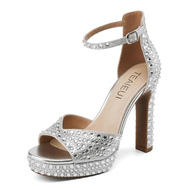 TEAIEUI Silver Rhinestone Sandals for Women Dressy High Heels Chunky Platform Shoes Open Toe Sparkly Block Heels Ankle Strap 6.5