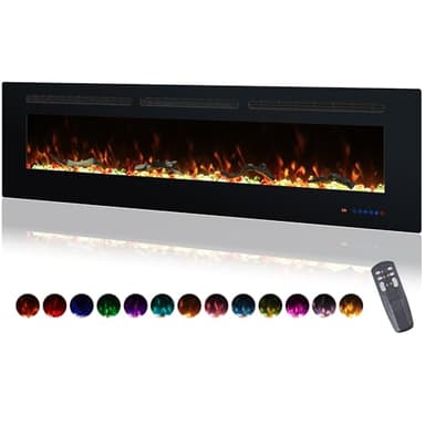 Valuxhome Modern Wall Mounted and Recessed 65” Electric Fireplace for Indoor, 62°F to 86°F, 1-9H Timer, Thermostat, AC, 120V, 169 Color Combinations, Contemporary Fireplace Heater with Remote Control