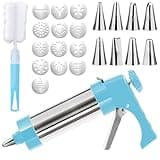 FANTEXY Cookie Press Gun Kit, Stainless Steel Spritz Cookie Press for Baking Icing Gun with 13 Cookie Discs and 8 Piping Tips for DIY Biscuit Cake Dessert Making and Decorating Baking Supplies (Blue)