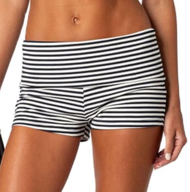 KMBANGI Women Fold Over Shorts Elastic Waist Y2k Lounge Shorts Foldover Cute Pajama Bottoms Soft Sleepwear(Basic Striped Black,S)