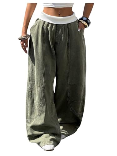 SHENHE Women's Y2k Baggy Jeans Low Rise Wide Leg 90s Hip Hop Vintage Boyfriend Jeans Army Green Medium