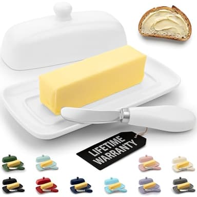Zulay Kitchen Ceramic Butter Dish with Lid For Countertop & Stainless Steel Knife – Keeps Butter Soft & Fresh – White Butter Dish with Easy-Grip Knob, Durable & Everyday Butter Holder for Home - White