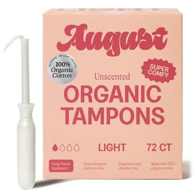 August Light Tampons - 72-Pack 100% Organic Cotton Tampons for Women and Anyone Who Menstruates, Non-Toxic, Fragrance-Free, and Hypoallergenic with Long Applicators (3 Boxes of 24)