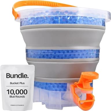 PINNACLE DYNAMICS Collapsible Gel Blaster Ammo Bucket - Bundle - Foldable Gel Blaster Depot with 10,000 Rounds - Portable Splatter Blaster Accessories - Large Capacity Container & Nozzle