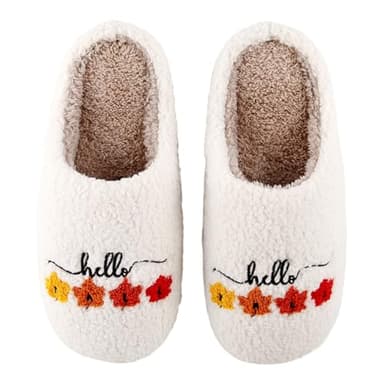 TSUWP Autumn Hello Slippers for Women - Embroidered Maple Leaf House Shoes, Memory Foam Indoor House Shoes, Plush Warm Slippers, Cute Comfortable Cozy Fall Gifts (Thanksgiving, Halloween) 4142