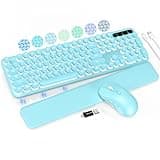 Wireless Keyboard and Mouse Backlit - Typewriter Keyboard with Retro Round Keycaps, Detachable Wrist Rest, Light Up Letters, 2.4G Rechargeable Combo for Mac, Windows, PC, Laptop, Trueque (Aqua Blue)